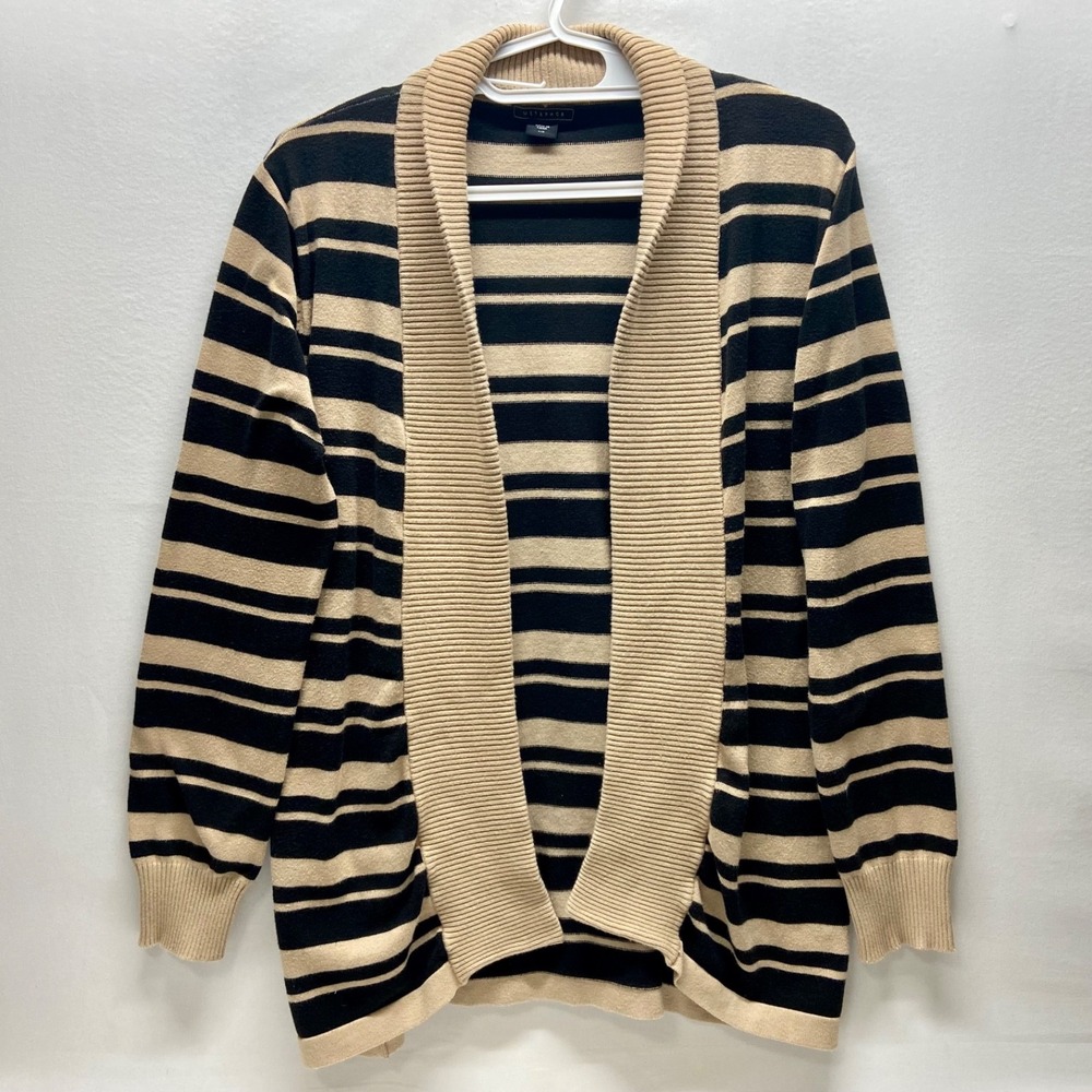 Metaphor Open Front Cardigan Top Women's Large Black Tan Stripe Knit Sweater GUC